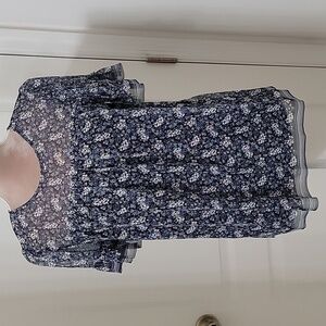 Max Studio Size S, Black with Blue Floral Pattern Mesh, Lined Babydoll Style Top